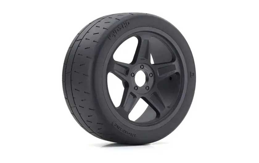 Tires are mounted on stylish black wheels