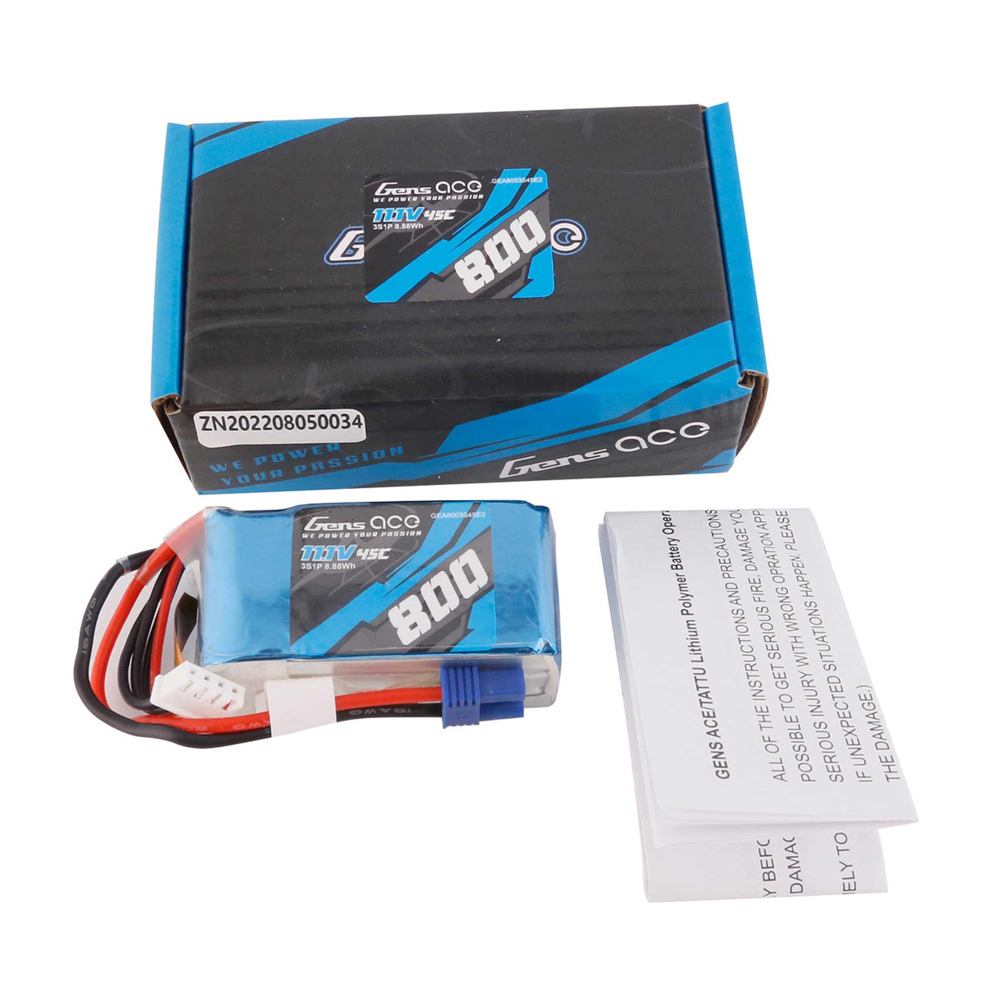 11.1V 800mAh 3S 45C LiPo Battery: EC2