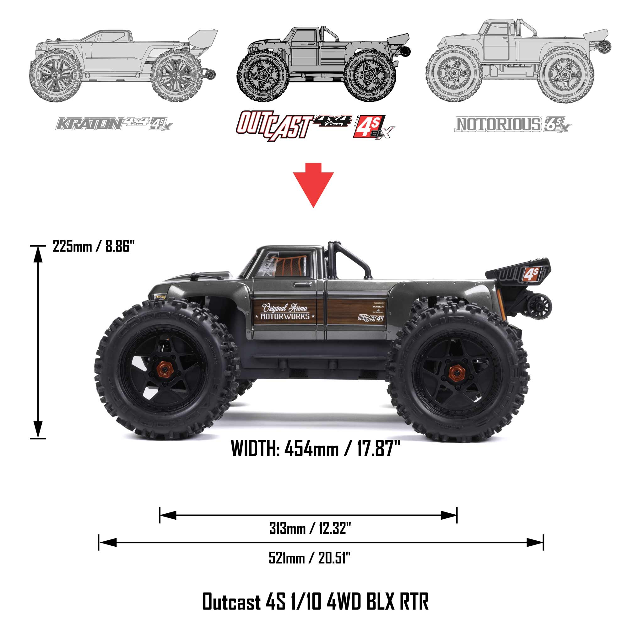 1/10 OUTCAST 4S 4X4 RTR Brushless Stunt Truck, Gun Metal