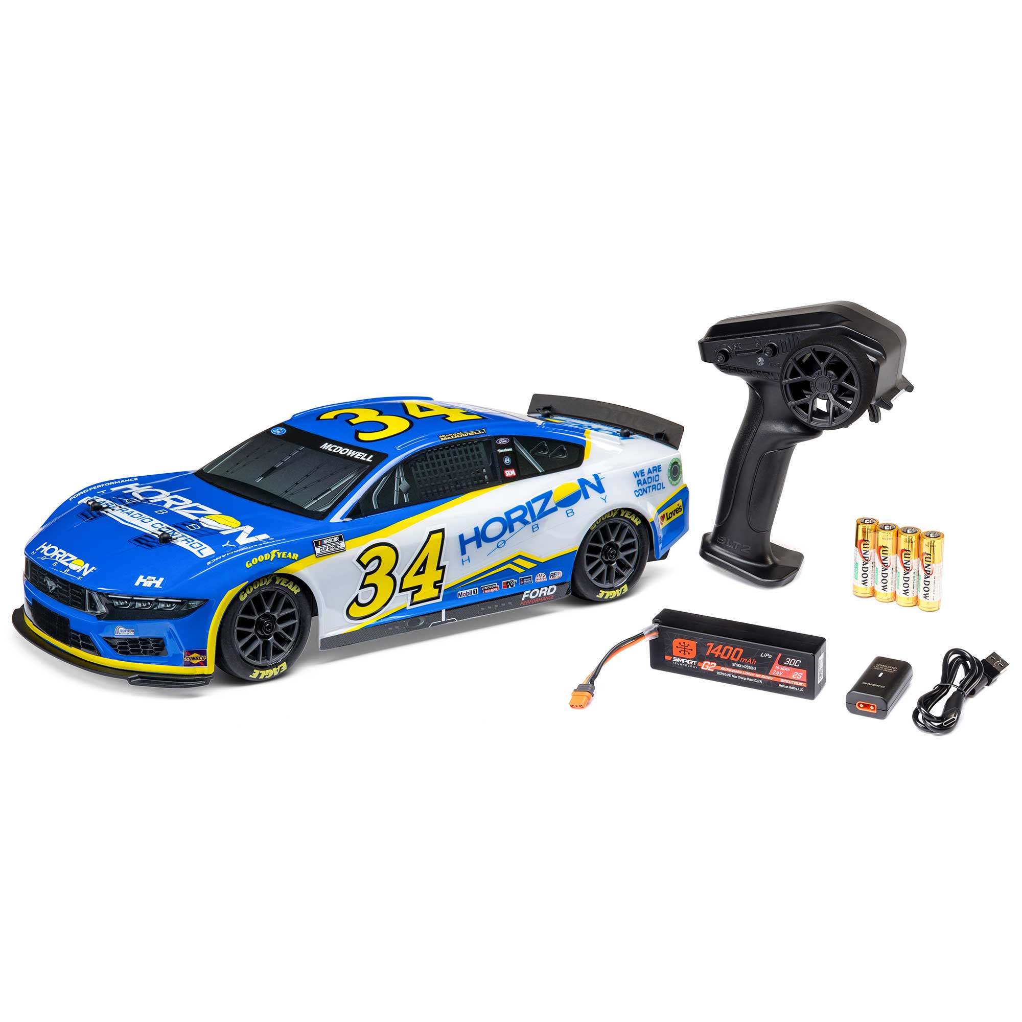 1/12 NASCAR RC Racecar Michael McDowell No. 34 2024 Horizon Hobby Ford Mustang 2S AWD RTR Brushed On-Road (Battery & Charger Included), Blue