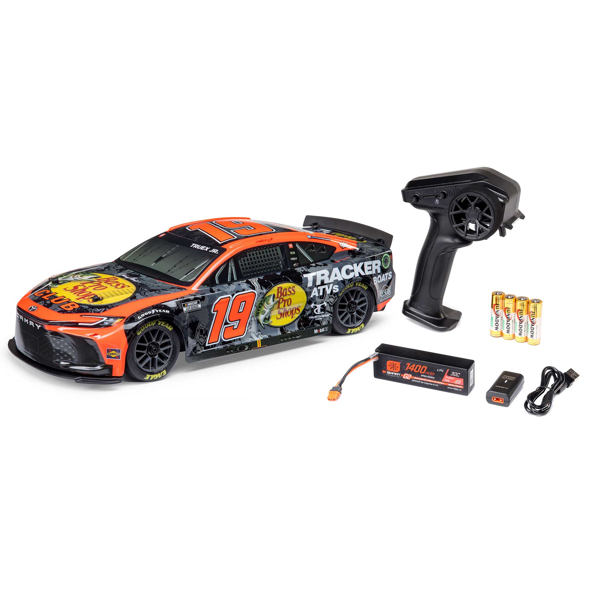 1/12 NASCAR RC Racecar Martin Truex Jr. No. 19 2024 Bass Pro Toyota Camry 2S AWD RTR Brushed On-Road (Battery & Charger Included), Orange