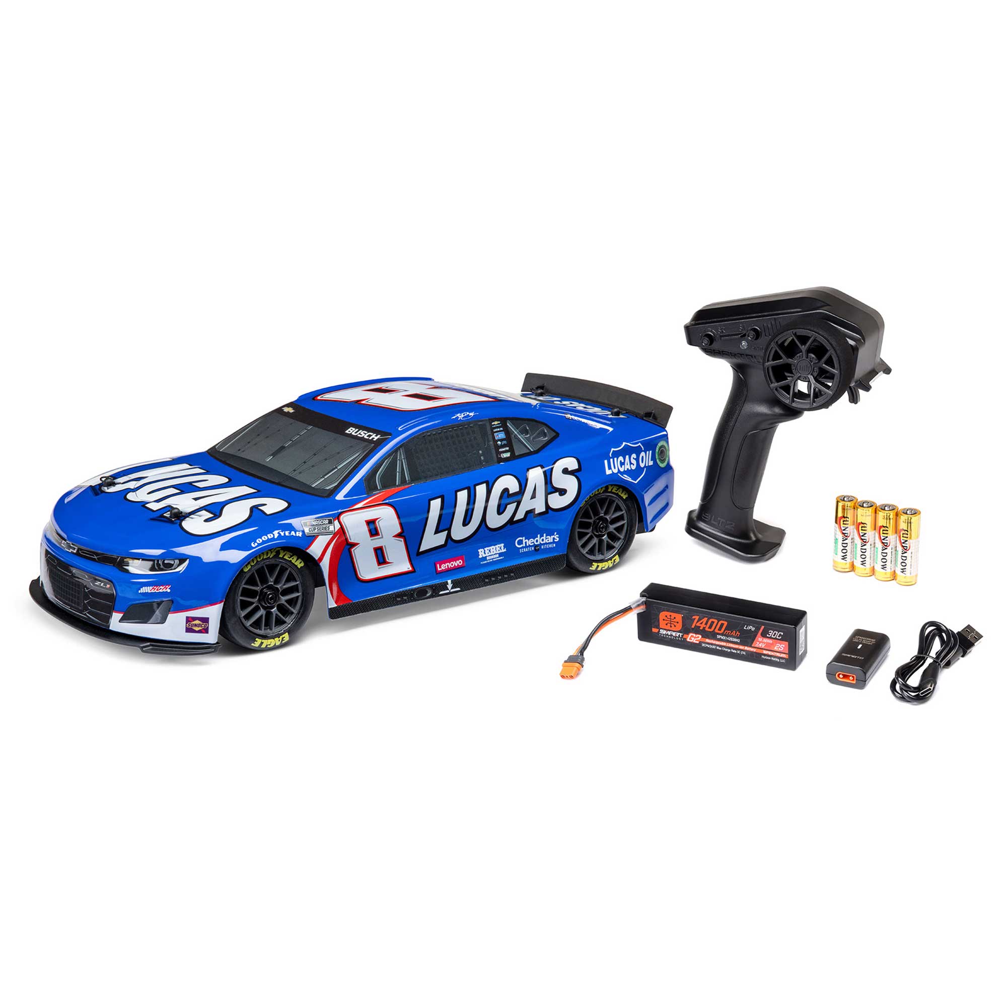 1/12 NASCAR RC Racecar Kyle Busch No. 8 2024 Lucas Oil Chevrolet ZL1 Camaro 2S AWD RTR Brushed On-Road (Battery & Charger Included), Blue