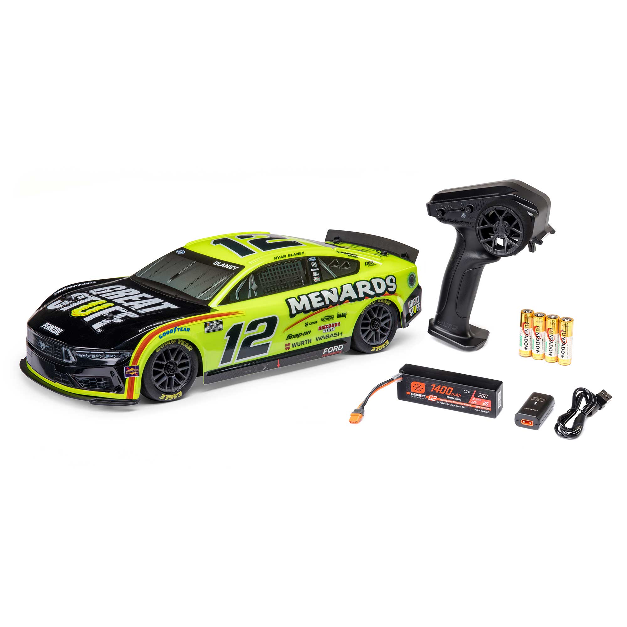 1/12 NASCAR RC Racecar Ryan Blaney No. 12 2024 Menards Ford Mustang 2S AWD RTR Brushed On-Road (Battery & Charger Included), Yellow